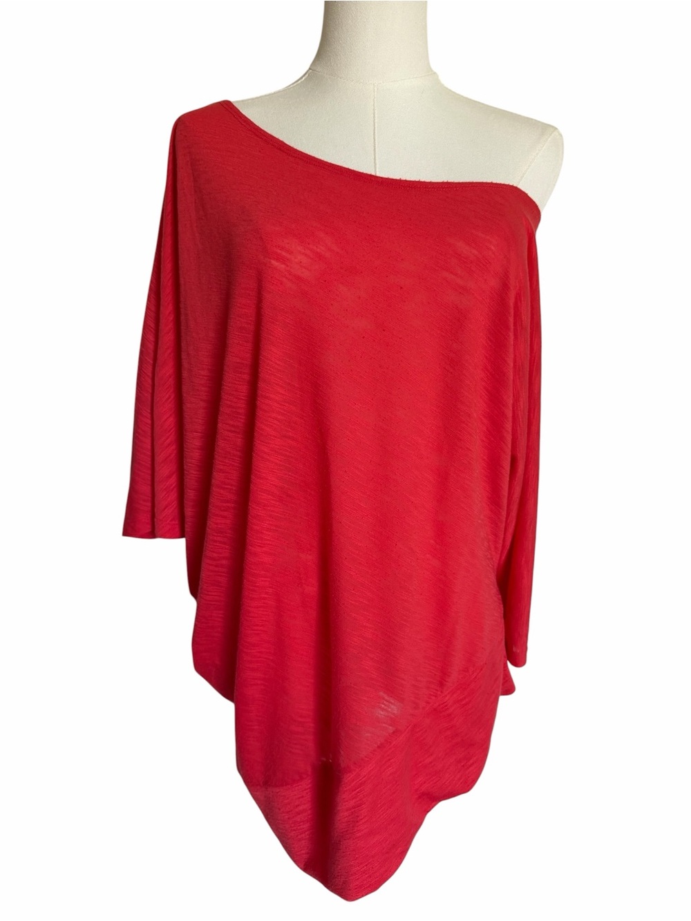 Suzy Shier Coral Red Asymmetrical Dolman Sleeve Top Size L/G